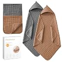 Hooded Baby Towels for Newborn, 2 Pack 32x32Inch Muslin Cotton Baby Bath Towel and 2 Pack 12x12Inch Washcloth Set with Hood for Babies, Toddler and Kids, Essentials Must Haves(Grey and Coffee)
