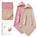 Hooded Baby Towels for Newborn 2 Pack, 32x32 Inch Muslin Cotton Baby Bath Towel and 2 Pack Washcloths for Babies, Toddler and Kids, Soft and Absorbent Newborn Essential(Pink and Apricot)