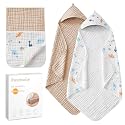 Hooded Baby Towels for Newborn 2 Pack, 32x32 Inch Muslin Cotton Baby Bath Towel and 2 Pack Washcloths for Babies, Soft and Absorbent Newborn Essential(Apricot and Dinasour)