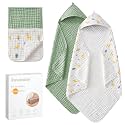 Hooded Baby Towels for Newborn, 2 Pack 32x32Inch Muslin Cotton Baby Bath Towel and 2 Pack 12x12Inch Washcloth Set with Hood for Babies, Toddler and Kids, Essentials Must Haves(Green and Deer)