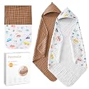 Hooded Baby Towels for Newborn, 2 Pack 32x32Inch Muslin Cotton Baby Bath Towel and 2 Pack 12x12Inch Washcloth Set with Hood for Babies, Toddler and Kids, Essentials Must Haves (Coffee and Car)