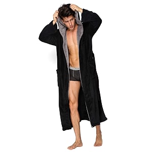 hooded herringbone men39s black soft spa full length warm bathrobe with grey kimono shawl collar