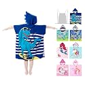growell Hooded Kids Beach Towels - Toddler Bath Towel Girls Boys Swim Cover-ups for Ages 4 to 10 Kids Pool Towels Quick Dry Lightweight Soft Microfiber Poncho 30x30 with Bag (Navy Dinosaur)