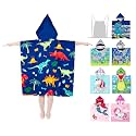 growell Hooded Kids Beach Towels - Toddler Bath Towel Girls Boys Swim Cover-ups for Ages 4 to 10 Kids Pool Towels Quick Dry Lightweight Soft Microfiber Poncho 30x30 with Bag (Dinosaur Blue)