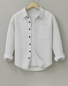 HOODLER Men Self Design Casual White Shirt