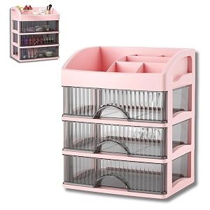 hoopvool countertop organizer with drawers plastic storage for makeup brushhair accessoriesjewelryskincare vanity display skin care products office desk organizer pink layer-3