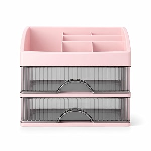 hoopvool countertop organizer with drawers plastic storage for makeup brushhair accessoriesjewelryskincare vanity display skin care products office desk organizer pink layer-2