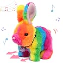 Hopearl Hopping Rabbit with Bell Interactive Electronic Pet Plush Bunny Toy with Sounds and Movements Animated Walking Wiggle Ears Twitch Nose Gift for Toddlers Birthday, Rainbow, 7''