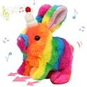 Hopearl Hopping Rabbit with Hat Interactive Electronic Pet Plush Bunny Toy with Sounds and Movements Animated Walking Wiggle Ears Twitch Nose Gift for Toddlers Birthday, Rainbow, 7''