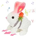 Hopearl Hopping Rabbit with LED Ears Carrot Backpack Interactive Plush Bunny Toy with Sounds Animated Walking Wiggle Light up Ears Twitch Nose Gift for Toddlers, White, 7''