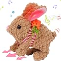 Hopearl Hopping Rabbit with LED Ears Carrot Backpack Interactive Plush Bunny Toy with Sounds Animated Walking Wiggle Light up Ears Twitch Nose Gift for Toddlers, Brown, 7''