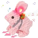 Hopearl Hopping Rabbit with LED Ears Carrot Backpack Interactive Plush Bunny Toy with Sounds Animated Walking Wiggle Light up Ears Twitch Nose Gift for Toddlers, Pink, 7''