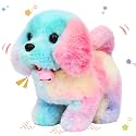 Hopearl Walking Dog with Bell Interactive Electronic Pet Plush Toy Puppy Woof and Moving Animated Nodding Head Gifts for Toddlers Birthday, Rainbow, 7''