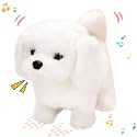 Hopearl Walking Dog Bichon Interactive Electronic Pet Plush Toy Puppy Woof and Moving Animated Nodding Head Gifts for Toddlers Birthday, White, 7''