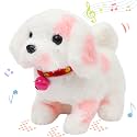 Hopearl Walking Point Dog Interactive Electronic Pet Plush Toy Puppy Woof and Moving Animated Nodding Head Holiday Birthday Gift for Toddlers, Pink, 7''