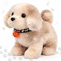Hopearl Walking Point Dog Interactive Electronic Pet Plush Toy Puppy Woof and Moving Animated Nodding Head Gift for Toddlers Birthday, Light Brown, 7''