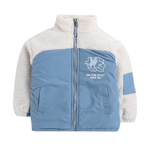 hopscotch boys waist length polyester blend text print full sleeve long coat in blue color