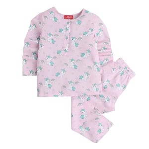 hopscotch girls cotton animal print top and pajama set in peach colour