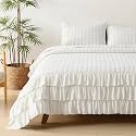 HORIMOTE HOME Ivory Ruffled Quilt Set Queen Size, Classic Geometric Square Stitched Pattern, Pre-Washed Farmhouse Shabby Chic Microfiber Lightweight Bedding Set Bedspread Coverlet for All Season