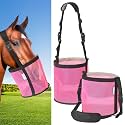 Horse Feed Bag Pack of 2, Feed Bags for Horses with Ventilation Mesh, Comfort Nose Pad Neck Pad, Adjustable Strap, Spill Proof Design for Independent Feeding Grain, Supplements (Pink)
