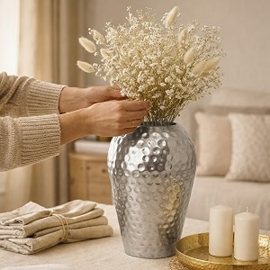 hosley 10 inch metal hammered vase for home dcorflower vases for living room decoratives vase for centerpiece gifting flower bucket vases for gift spa silver