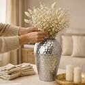 Hosley 10 Inch Metal Hammered Vase for Home Décor|Flower vases for Living Room Decoratives| Vase for Centerpiece, Gifting, Flower Bucket Vases for Gift, Spa, Silver