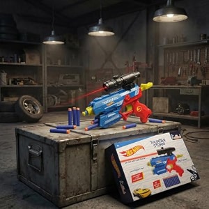 hot wheel thunder storm strike blaster toy gun with laser pointer amp 10 soft eva darts high-velocity multi-mode shooting systeminteractive play gunsafe action play for kids 4 years blue