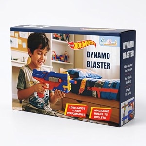 hot wheels dynamo blaster toy gun with 22 soft foam bullets amp 12-dart cartridgelong range action-packed blaster for kids safe amp interactive play bluebirthday gift for kids ages 4 years