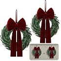 Hotop 2 Pcs 30 Inch Outdoor Christmas Wreath with Large Burgundy Velvet Bow