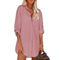 HOTOUCH Women Boyfriend Shirts Button Down Long Sleeve Blouse Cuffed Sleeve Collared Shirt