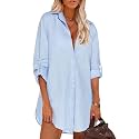 HOTOUCH Women Boyfriend Shirts Button Down Long Sleeve Blouse Cuffed Sleeve Collared Shirt