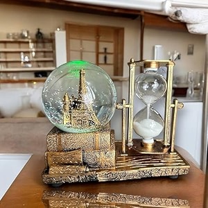 hour glass antique snow globe with hourglass timer led musical crystal snowglobe music box collectibles sandclock timer for fireplace mantel home decorations gold brass castle