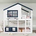 House Bunk Bed with Bookshelf - Full Loft Bed with Safety Rails, Play Area &amp; Storage - Sturdy Wooden Cabin-Style Bed for Boys &amp; Girls (White+Blue2)