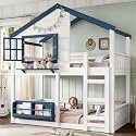 House Bunk Bed with Bookshelf - Twin Loft Bed with Safety Rails, Play Area &amp; Storage - Sturdy Wooden Cabin-Style Bed for Boys &amp; Girls (White+Blue1)
