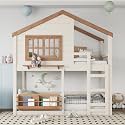 House Bunk Bed with Bookshelf - Twin Loft Bed with Safety Rails, Play Area &amp; Storage - Sturdy Wooden Cabin-Style Bed for Boys &amp; Girls (Beige+Natural1)