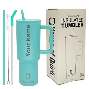 house of quirk 1200ml custom name tumbler  personalized stainless steel travel mug with straw lid amp handle  cup with logo or name terquoise