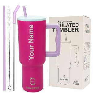 house of quirk 1200ml custom name tumbler  personalized stainless steel travel mug with straw lid amp handle  cup with logo or name mauve