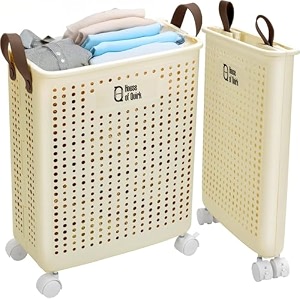 house of quirk collapsible laundry basket with wheels and handle plastic foldable laundry hamper 42l versatile portable storage basket for laundry and bathroom 38x21x53cm medium cream