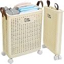 House of Quirk Collapsible Laundry Basket with Wheels and Handle, Plastic Foldable Laundry Hamper, 60L Versatile Portable Storage Basket for Laundry and Bathroom (38x30x53cm, Large), Cream