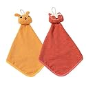 House of Quirk Cute Hand Towels, Bathroom Towels with Hanging Loop, Children Hand Towel Animals, Cotton Hand Towel for Kitchen Bathroom Bedroom (Pack of 2, Cat Yellow/Fox Rust Orange)