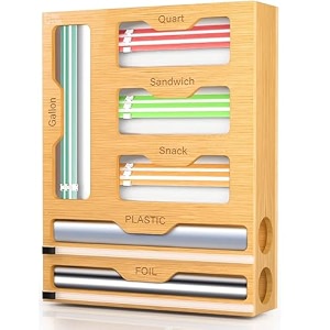 house of quirk 2 in 1 wrap organizer with cutter and labels plastic wrapwall mount hanging shelves aluminum foil and wax bamboo dispenser for kitchen storage organization holder 2 slot