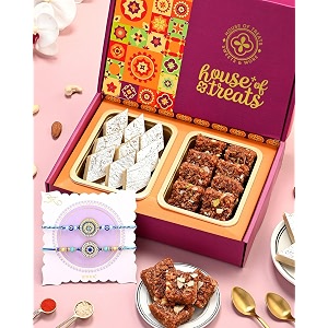 hyperfoods rakhi for brother sweets dodha barfi kaju katli 200g each sweets gift pack gift set for brother set of 2 sapphire gaze rakhi set with roli amp rice