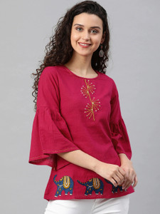 HouseOfCommon Casual Printed Women Pink Top