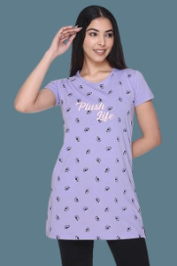 HouseOfCommon Printed Women Round Neck Purple T-Shirt