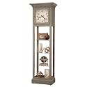 Howard Miller Marcella Floor Clock, Modern Style Gray Finish Adjustable Shelves Cabinet, Illuminated Display Worn Black Arabic Numerals Triple-Chime Movement Vertical Home Decor for Home Decor