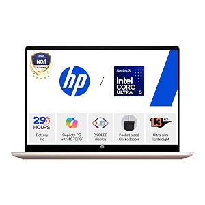 hp omnibook 5 oled  intel core ultra 5 322  45 tops 16gb lpddr5x512gb ssd 2k 143939356cm  win11  office24  sahara silver13kg hh0099tu mini gan charger upto 29hrs battery life ai laptop
