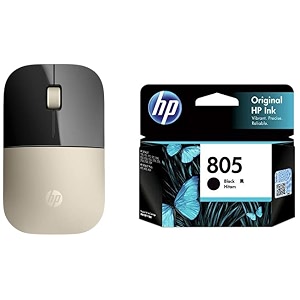 hp z3700 wireless optical mouse with usb receiver and 24ghz wireless connection 1200dpi  16 months long battery lifeambidextrous and slim design modern gold amp 805 black original ink cartridge