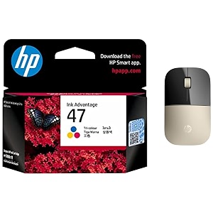 hp z3700 wireless optical mouse with usb receiver and 24ghz wireless connection 1200dpi  16 months long battery lifeambidextrous and slim design modern gold amp 47 tri-color original ink cartridge