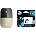HP Z3700 Wireless Optical Mouse with USB Receiver and 2.4GHz Wireless Connection/ 1200DPI / 16 Months Long Battery Life/Ambidextrous and Slim Design (Modern Gold) &amp; 805 Black Original Ink Cartridge