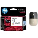 HP Z3700 Wireless Optical Mouse with USB Receiver and 2.4GHz Wireless Connection/ 1200DPI / 16 Months Long Battery Life/Ambidextrous and Slim Design (Modern Gold) &amp; 47 Tri-Color Original Ink Cartridge
